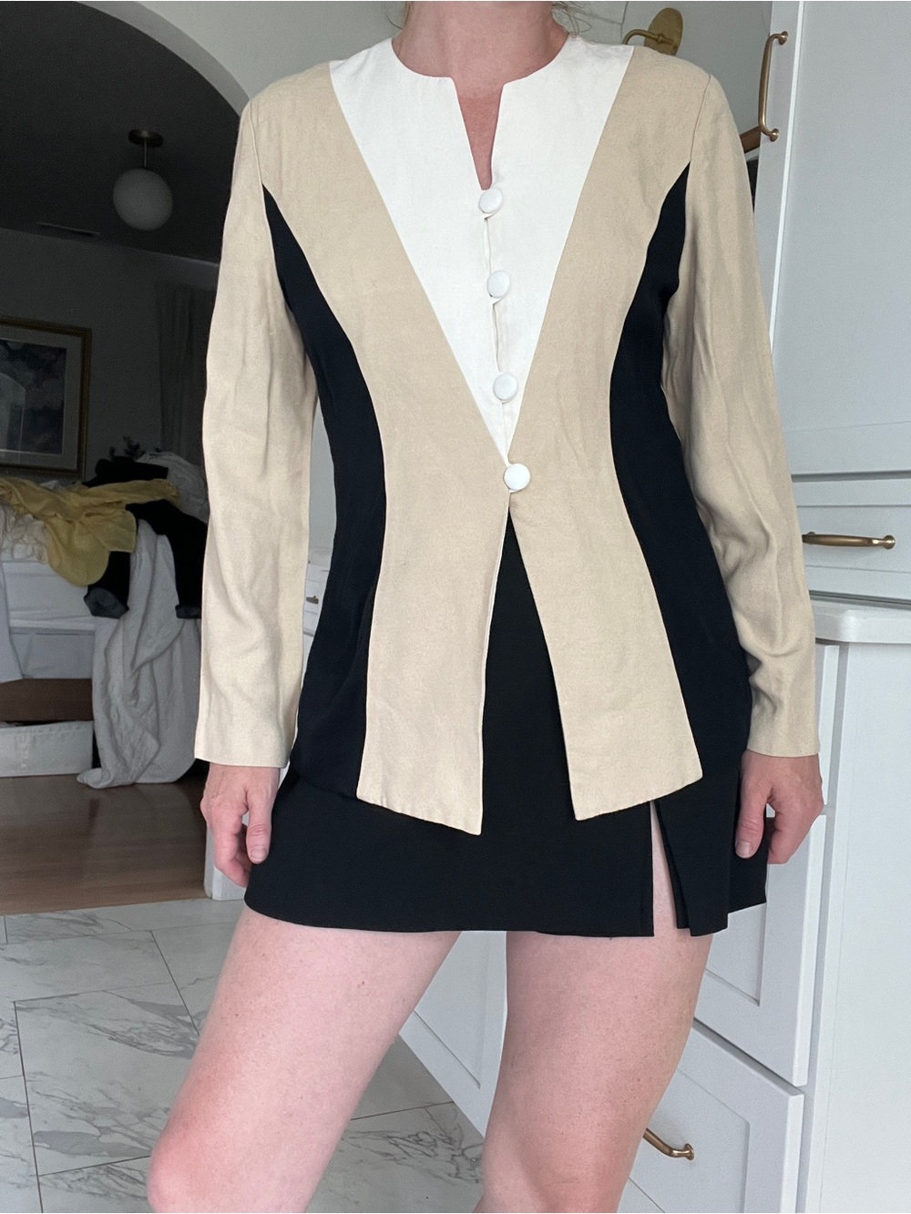 Colorblock Tailored Blazer in Beige, Black & White